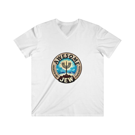 Men's Fitted V-Neck Tee - Awesome Jew Graphic T-Shirt, Great for Celebrations, Gifts for Jewish Holidays, Casual Wear